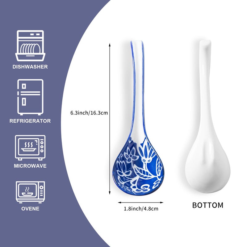 CERKIK Ceramic Asian Soup Spoon - 6.3 Inch Chinese Soup Spoons Japanese Ramen Spoons for Pho Dumplings Wonton Miso Cereal Stews Noodles - Set of 6 - Vintage Blue - Image 4