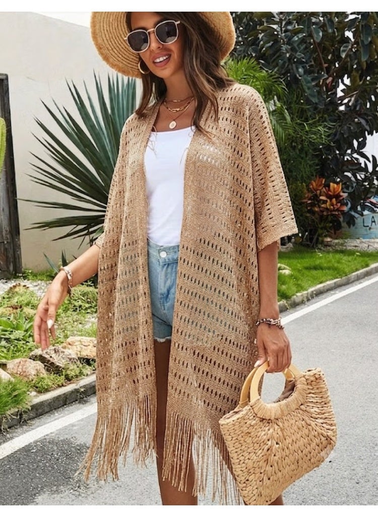 1pc Women's Fashion Personalized Solid Color Loose Breathable Mesh Cover Up, Casual For Spring & Summer Outings, Beach, Vacation, Bikini Cover Up, Sun Protection Wrap Shawl For Dress