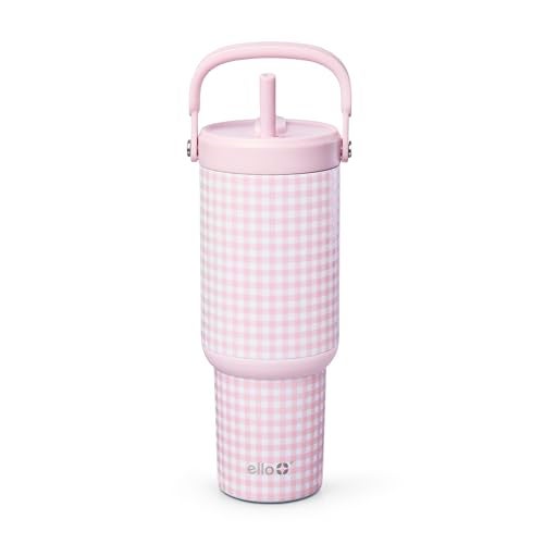 Ello Oasis Go 26oz Tumbler with Top Handle and Retracting Straw Reusable Insulated Stainless Steel Cup 100 Leakproof Water Bottle 24 Hours Cold Cup Holder Friendly For Travel Pink Gingham - Image 1