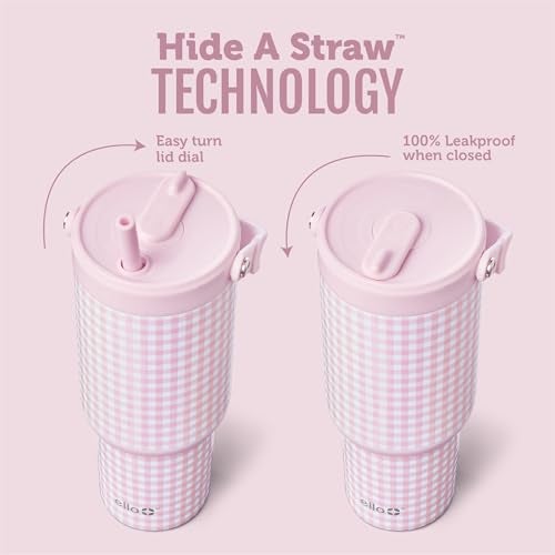 Ello Oasis Go 26oz Tumbler with Top Handle and Retracting Straw Reusable Insulated Stainless Steel Cup 100 Leakproof Water Bottle 24 Hours Cold Cup Holder Friendly For Travel Pink Gingham - Image 3