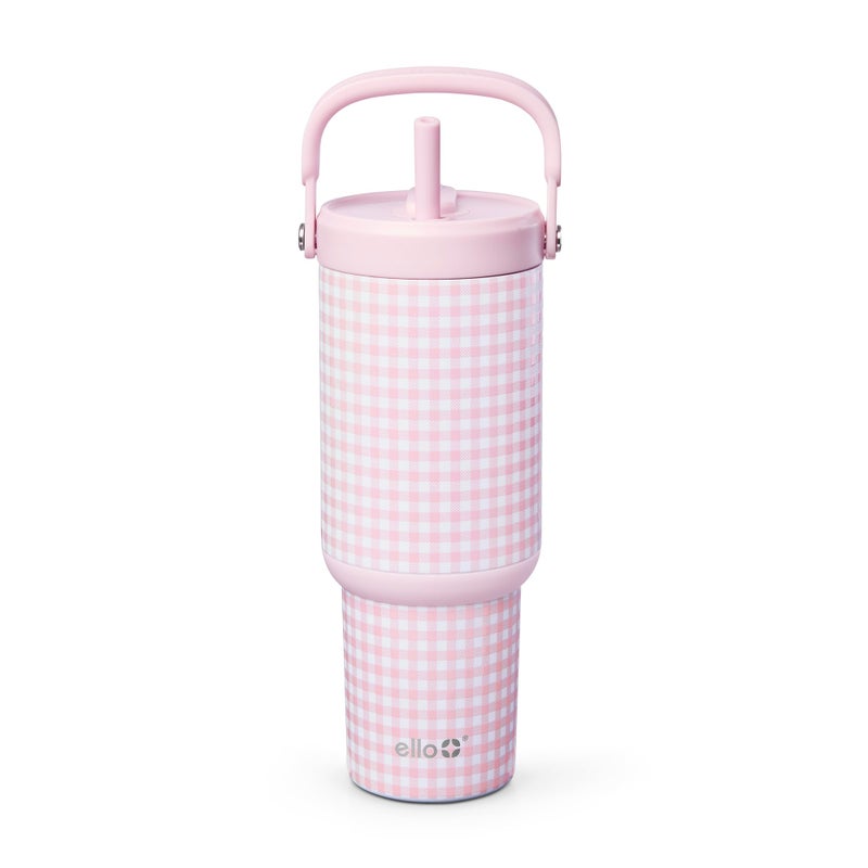 Ello Oasis Go 26oz Tumbler with Top Handle and Retracting Straw Reusable Insulated Stainless Steel Cup 100 Leakproof Water Bottle 24 Hours Cold Cup Holder Friendly For Travel Pink Gingham - Image 2