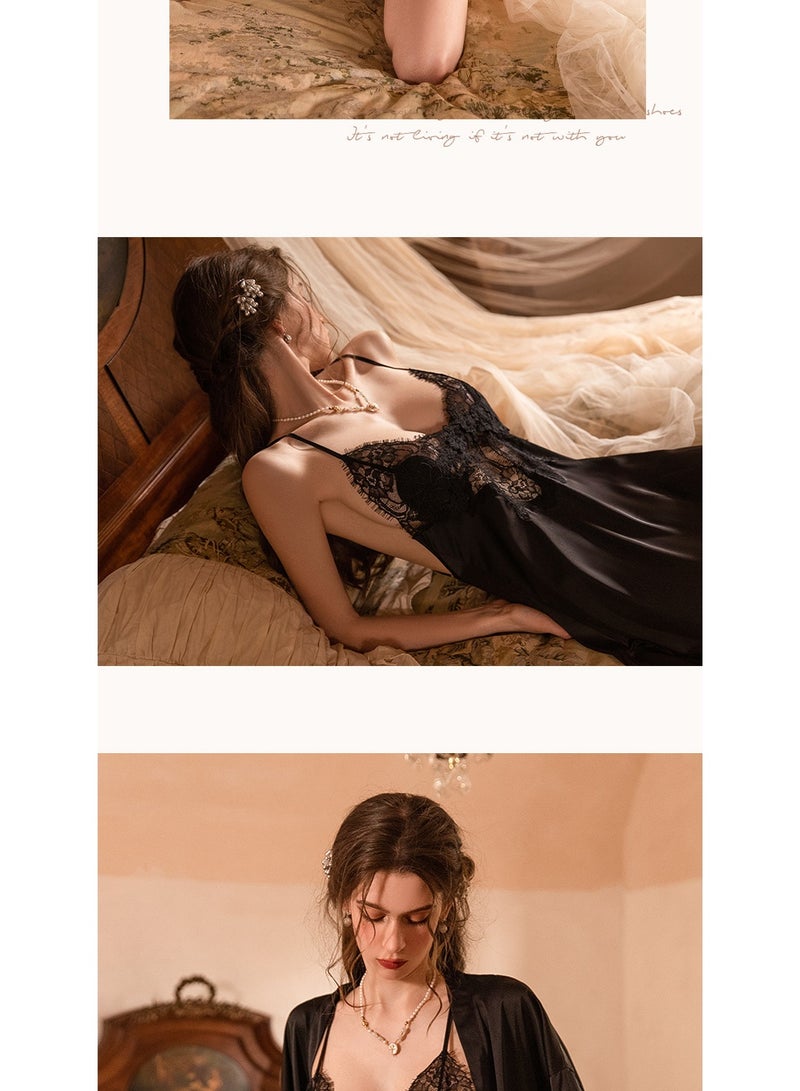 Women's Deep V-Neck Satin Lace Nightdress, Spaghetti Strap Slip Nightgown, Soft Sleepwear for All Seasons - Image 3