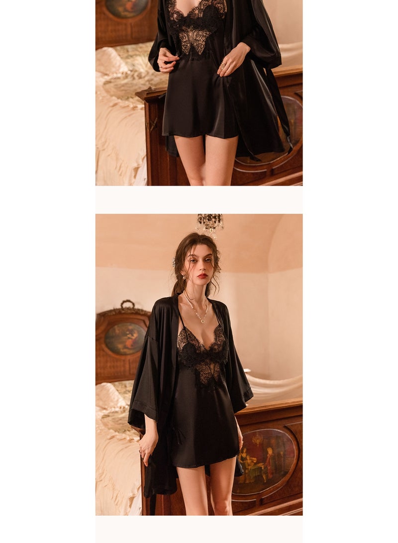 Women's Deep V-Neck Satin Lace Nightdress, Spaghetti Strap Slip Nightgown, Soft Sleepwear for All Seasons - Image 4