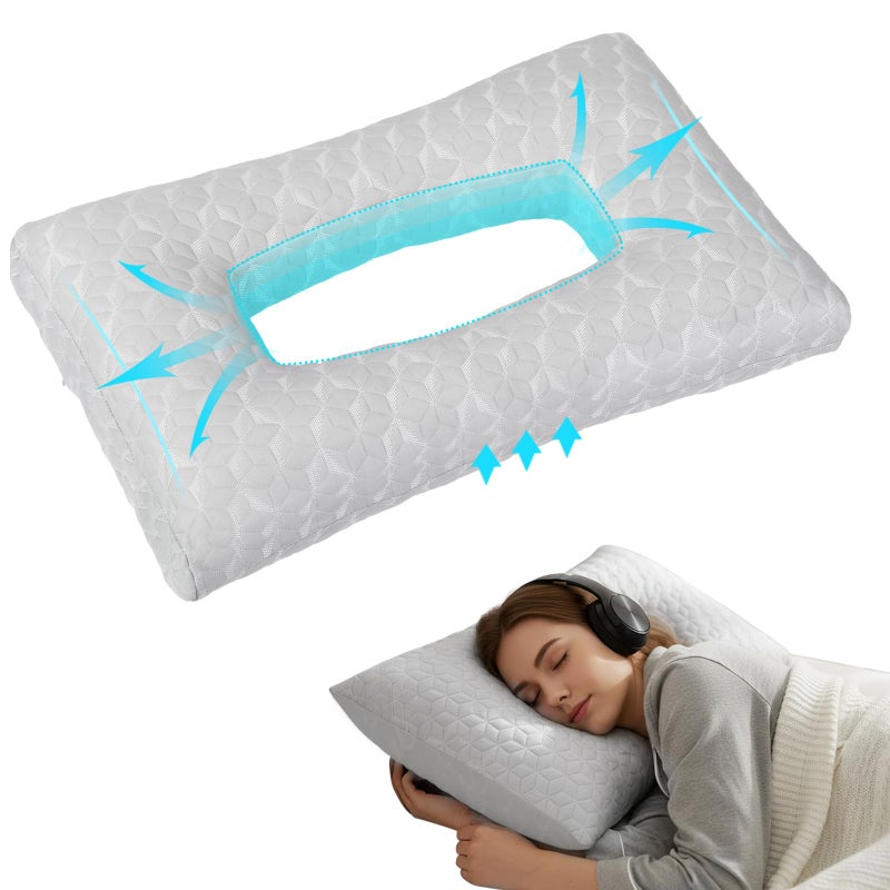 Lounsweer 24 x 14 x 4 Inches Gray Ear Piercing Hole with Large Holes Pillows Side Sleeper Pillow for Side Sleepers and Ear Inflammation Pressure Sores Comfort Relieves Pressure While Sleeping - Image 1