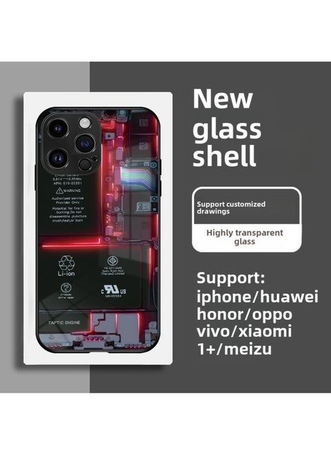 Circuit Board Phone Case For 13 14promax Creative 12 Cool 15 Model Glass Case Funny Digital Computer IPhone Protective Cover-Color:High Permeability Glass Shell-graphite Black-electric Plate Red-App