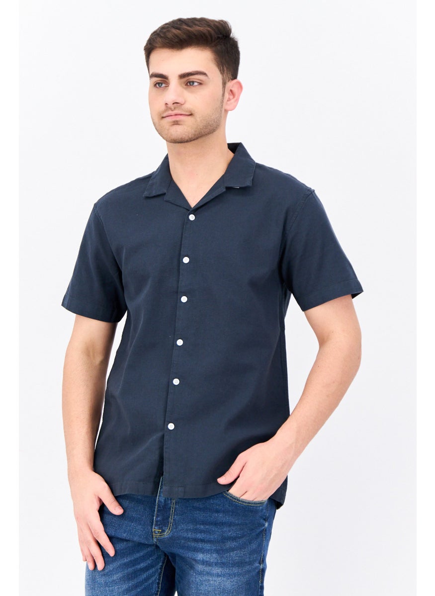 Algspar Men Regular Fit Solid Short Sleeves Casual Shirt, Navy  - Image 1