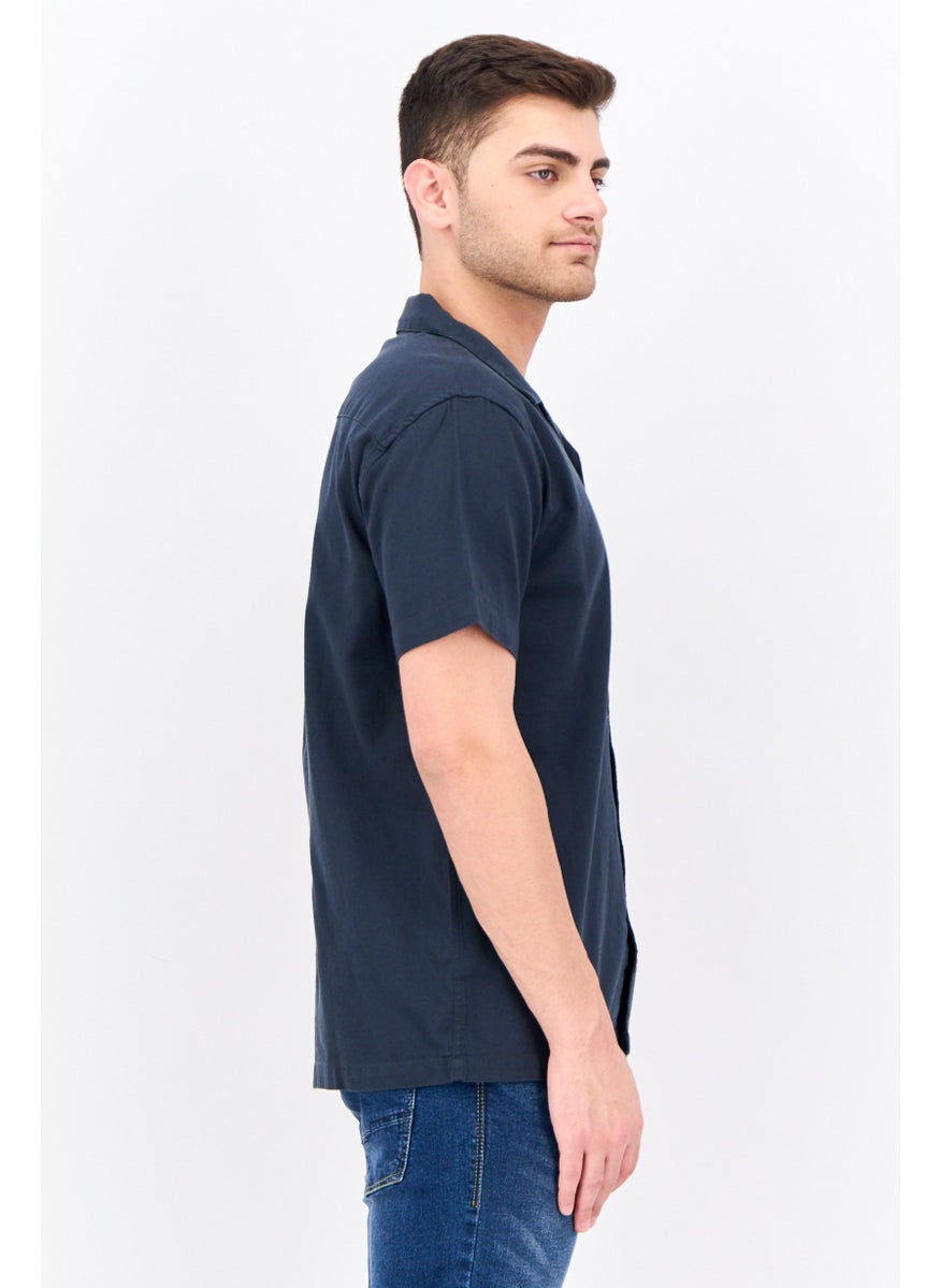 Algspar Men Regular Fit Solid Short Sleeves Casual Shirt, Navy  - Image 3
