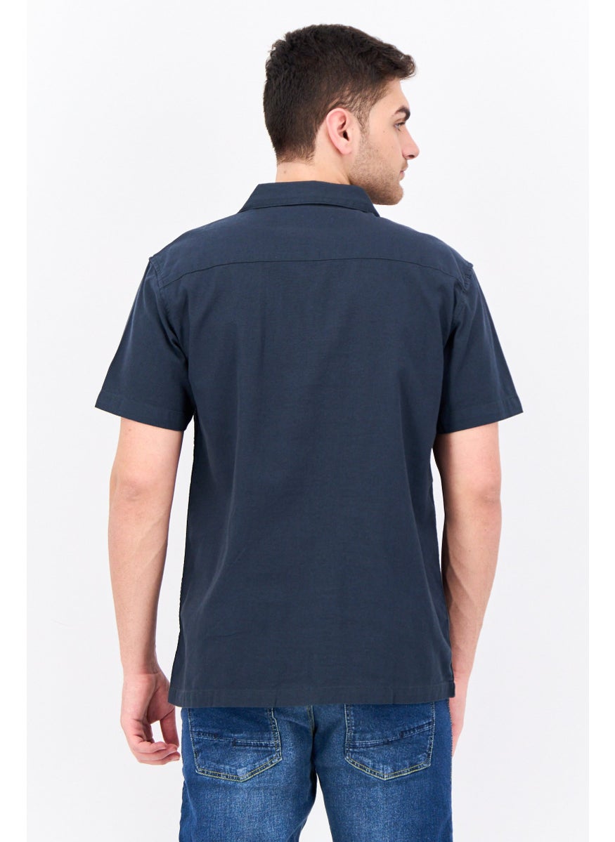 Algspar Men Regular Fit Solid Short Sleeves Casual Shirt, Navy  - Image 2