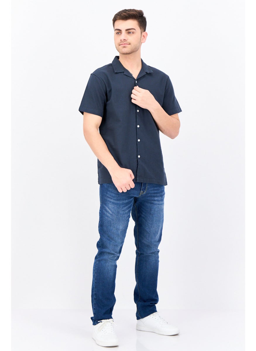 Algspar Men Regular Fit Solid Short Sleeves Casual Shirt, Navy  - Image 4