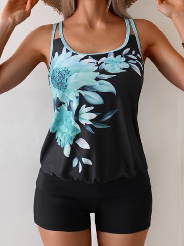 B2prity Tankini Bathing Suits for Women Tummy Control Two Piece Swimsuits Blouson Floral Print Swim Tank Top with Boy Shorts - Image 4
