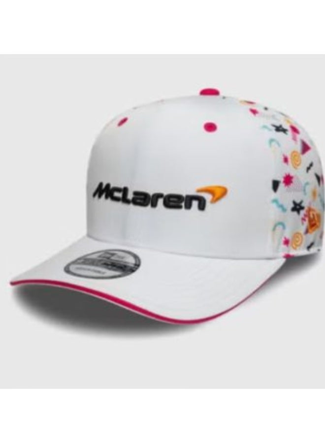 McLaren White Snapback Cap with Vibrant Pattern and Brand Logo