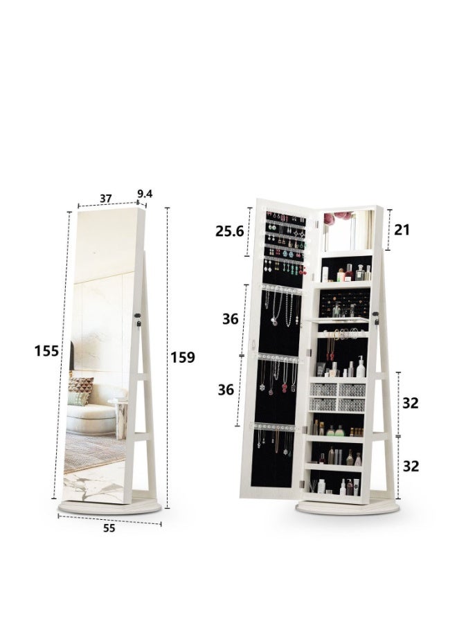 CityRiya-Long Jewelry Cabinet Standing Mirror, Full Length Mirror Jewelry Cabinet, LED Jewelry Armoire Organizer with Rack, Lockable White Large Makeup Vanity Mirror with Storage Shelves, Jewelry Storage Box, 6267B - Image 3