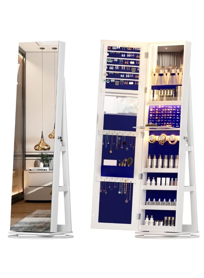 CityRiya-Long Jewelry Cabinet Standing Mirror, Full Length Mirror Jewelry Cabinet, LED Jewelry Armoire Organizer with Rack, Lockable White Large Makeup Vanity Mirror with Storage Shelves, Jewelry Storage Box, 6267B - Image 1