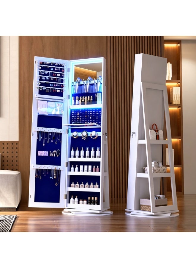 CityRiya-Long Jewelry Cabinet Standing Mirror, Full Length Mirror Jewelry Cabinet, LED Jewelry Armoire Organizer with Rack, Lockable White Large Makeup Vanity Mirror with Storage Shelves, Jewelry Storage Box, 6267B - Image 4