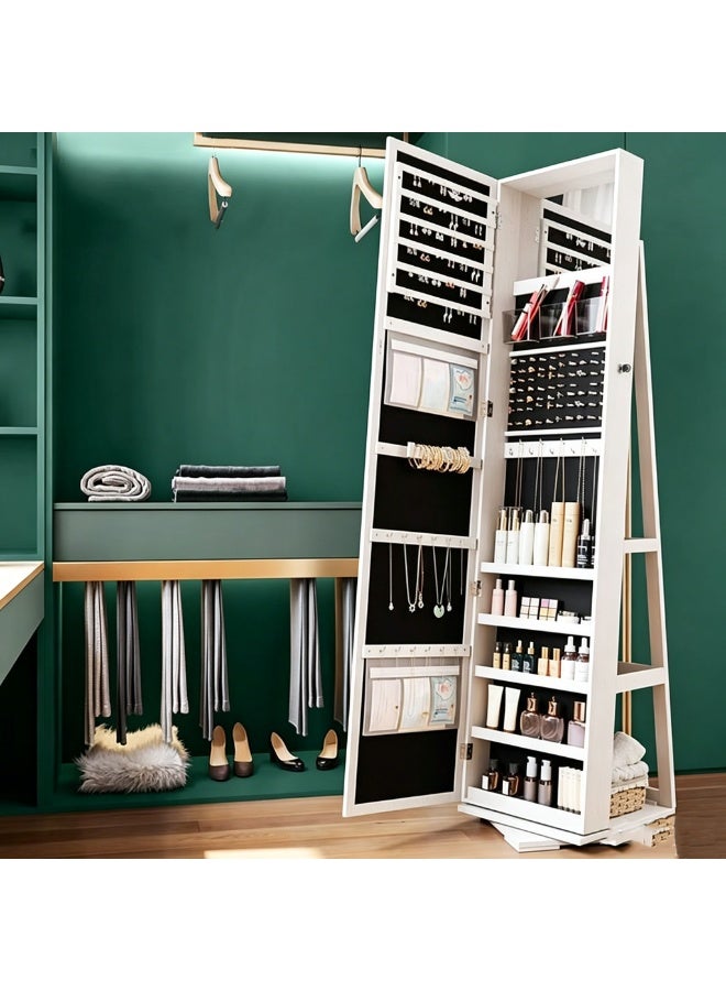 CityRiya-Long Jewelry Cabinet Standing Mirror, Full Length Mirror Jewelry Cabinet, LED Jewelry Armoire Organizer with Rack, Lockable White Large Makeup Vanity Mirror with Storage Shelves, Jewelry Storage Box, 6267B - Image 5
