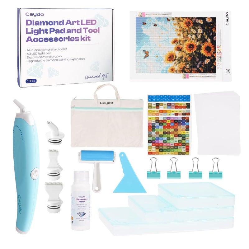 Caydo 31 PCS All Inclusive Diamond Art Accessories Kit, A4 LED Light Pad Set with Sealer, Storage Case, Pens, Roller, Stand and Clips - Image 1