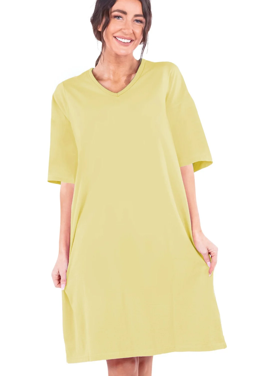 Rock&Roll Plain Light Yellow V Neck Half Sleeve Knee Length Comfortable Home Dress Nightgown