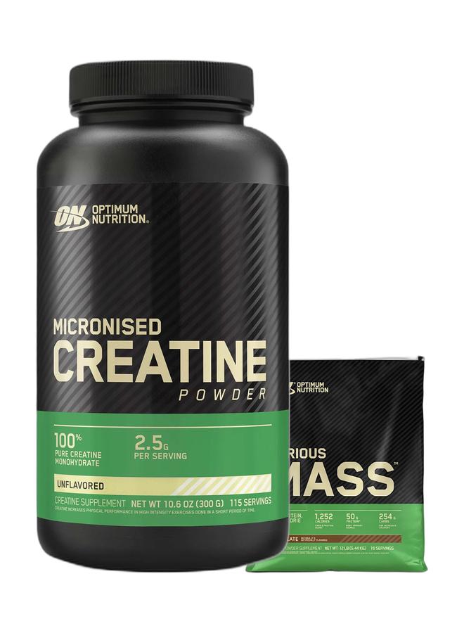 Optimum Nutrition Exclusive Bundle Offer - On Serious Mass Chocolate 12Lb and Micronized Creatine Powder Unflavored 300 Grams 115 Servings - Image 1