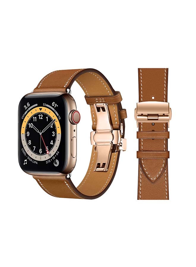 Perfii Genuine Leather Replacement Band with Golden Buckle for Apple Watch Series 6/SE/5/4/3/2/1 44/42mm Supreme Brown