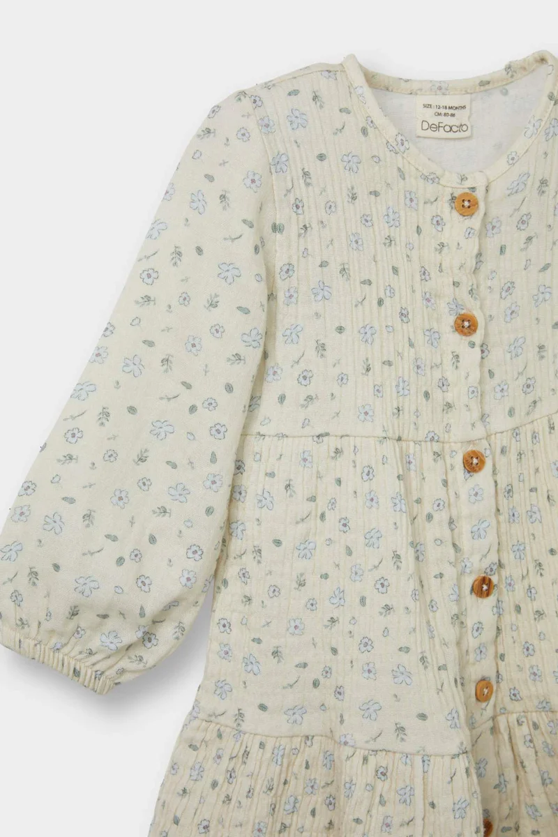 ديفاكتو Baby Girl Floral Long Sleeve Crinkle Dress