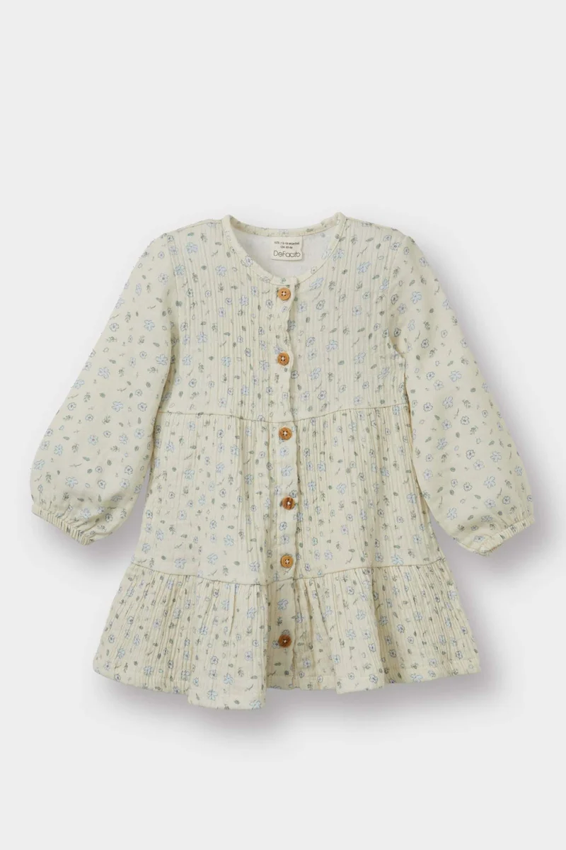 ديفاكتو Baby Girl Floral Long Sleeve Crinkle Dress