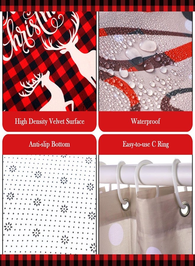 Capoda Merry Christmas Shower Curtain Set, 4 Pcs with 12 Hooks, Non Slip Bathroom Rugs, Toilet Lid Cover, U Toilet Mat for Christmas Decoration - Image 3