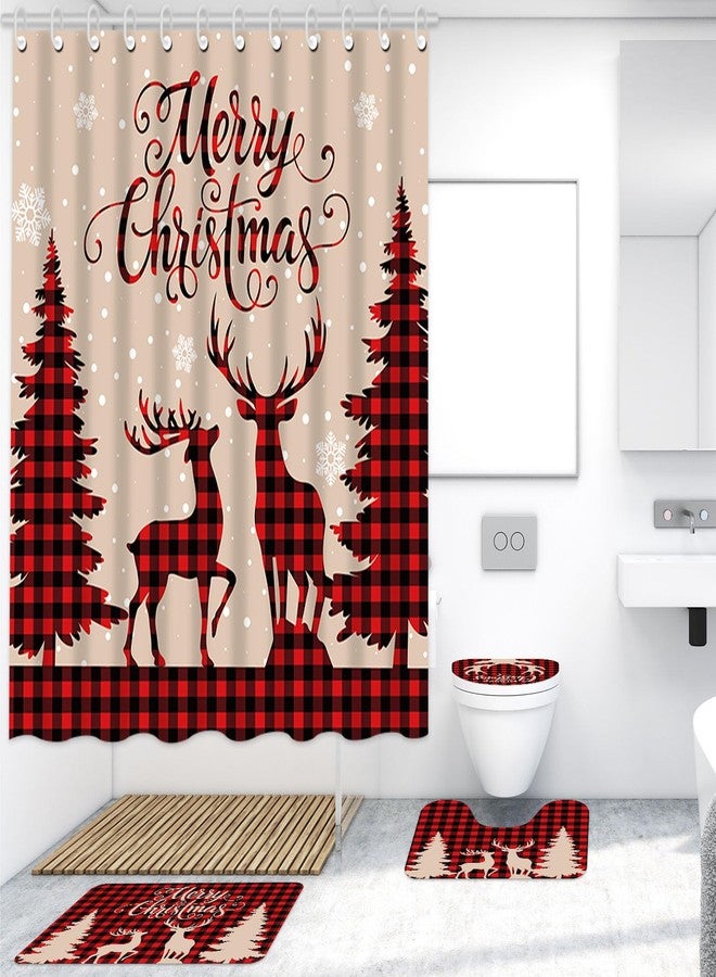 Capoda Merry Christmas Shower Curtain Set, 4 Pcs with 12 Hooks, Non Slip Bathroom Rugs, Toilet Lid Cover, U Toilet Mat for Christmas Decoration - Image 5