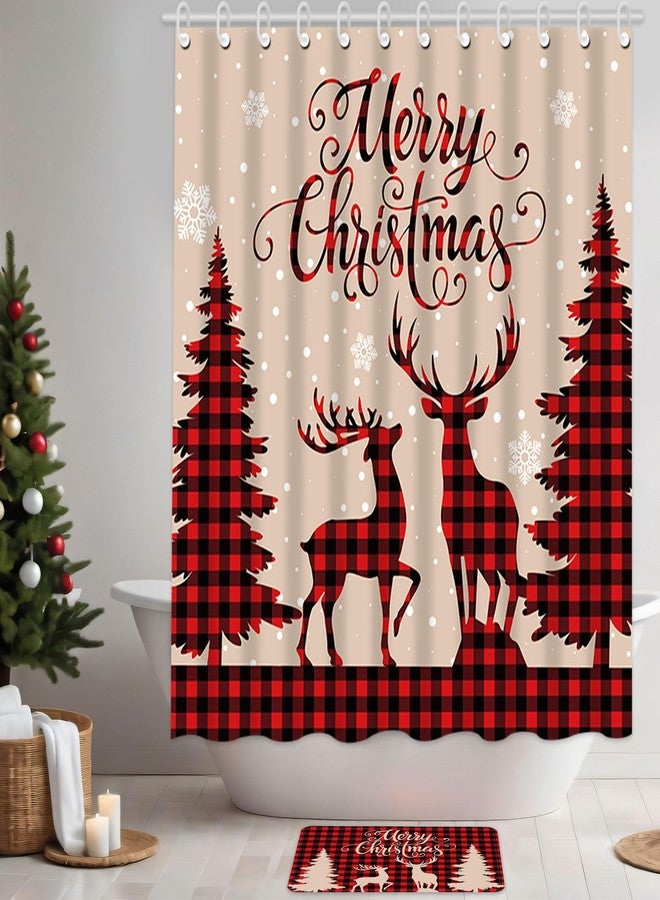 Capoda Merry Christmas Shower Curtain Set, 4 Pcs with 12 Hooks, Non Slip Bathroom Rugs, Toilet Lid Cover, U Toilet Mat for Christmas Decoration - Image 4