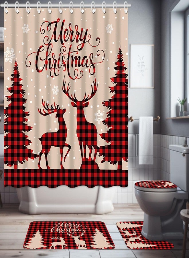 Capoda Merry Christmas Shower Curtain Set, 4 Pcs with 12 Hooks, Non Slip Bathroom Rugs, Toilet Lid Cover, U Toilet Mat for Christmas Decoration - Image 1