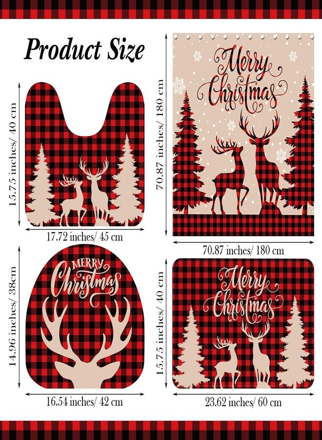 Capoda Merry Christmas Shower Curtain Set, 4 Pcs with 12 Hooks, Non Slip Bathroom Rugs, Toilet Lid Cover, U Toilet Mat for Christmas Decoration - Image 2