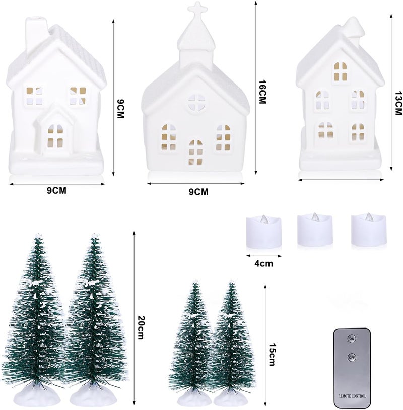 Peninpha 7PCS Christmas Village Sets - 3 LED Lighted Ceramic White Houses with 4 Decorative Christmas Trees Remote Control Led Candles for Xmas Home Tabletop Mantel Shelf Decor - Image 3