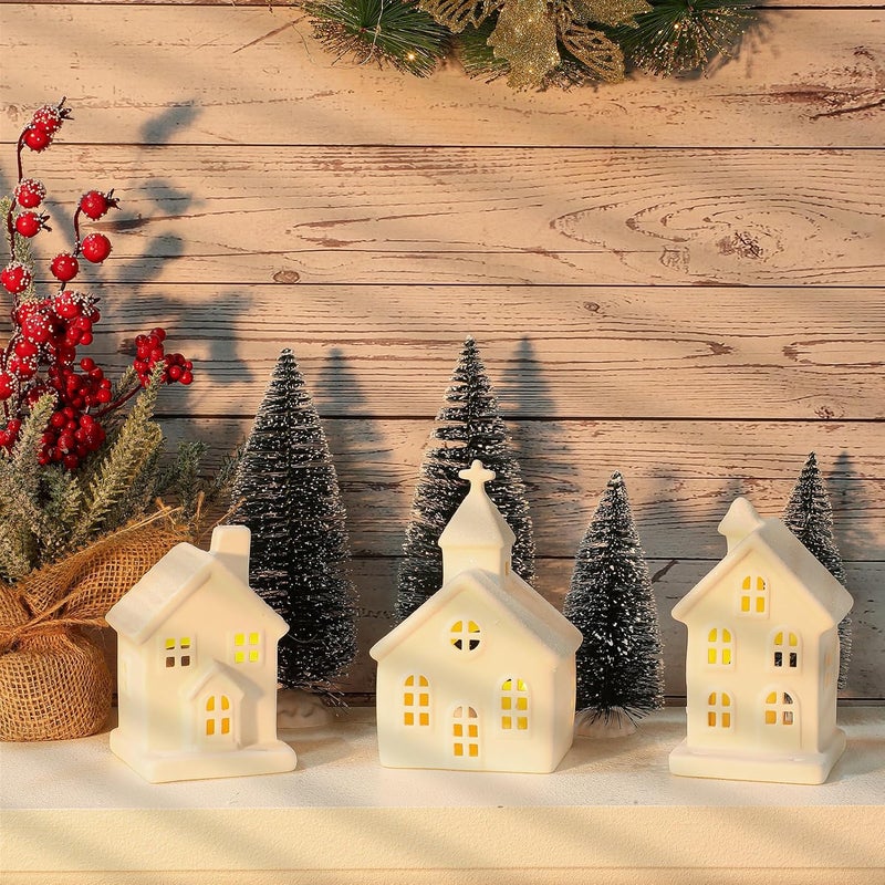 Peninpha 7PCS Christmas Village Sets - 3 LED Lighted Ceramic White Houses with 4 Decorative Christmas Trees Remote Control Led Candles for Xmas Home Tabletop Mantel Shelf Decor - Image 5