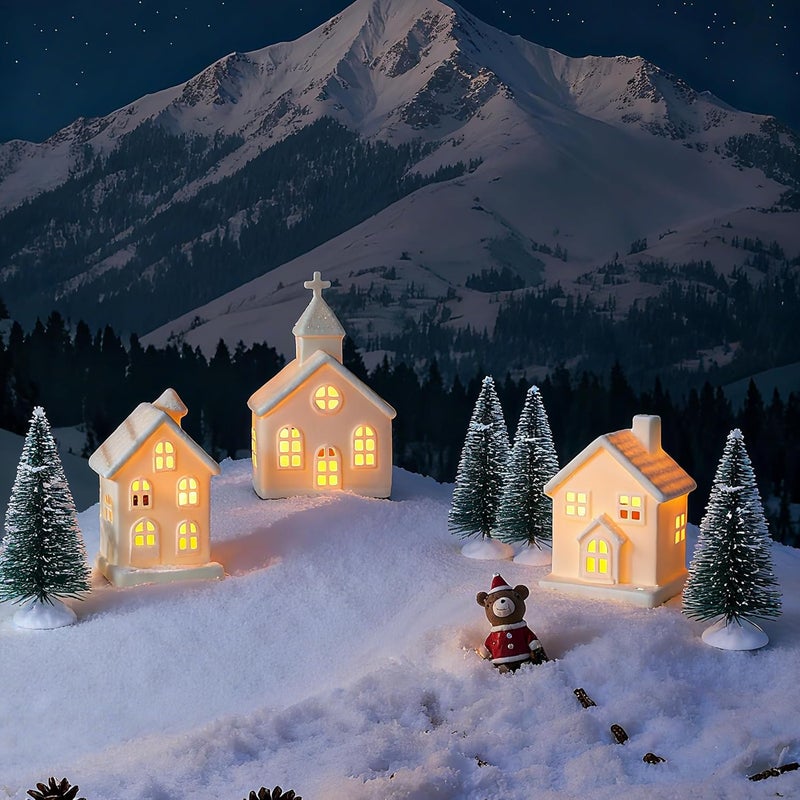 Peninpha 7PCS Christmas Village Sets - 3 LED Lighted Ceramic White Houses with 4 Decorative Christmas Trees Remote Control Led Candles for Xmas Home Tabletop Mantel Shelf Decor - Image 2