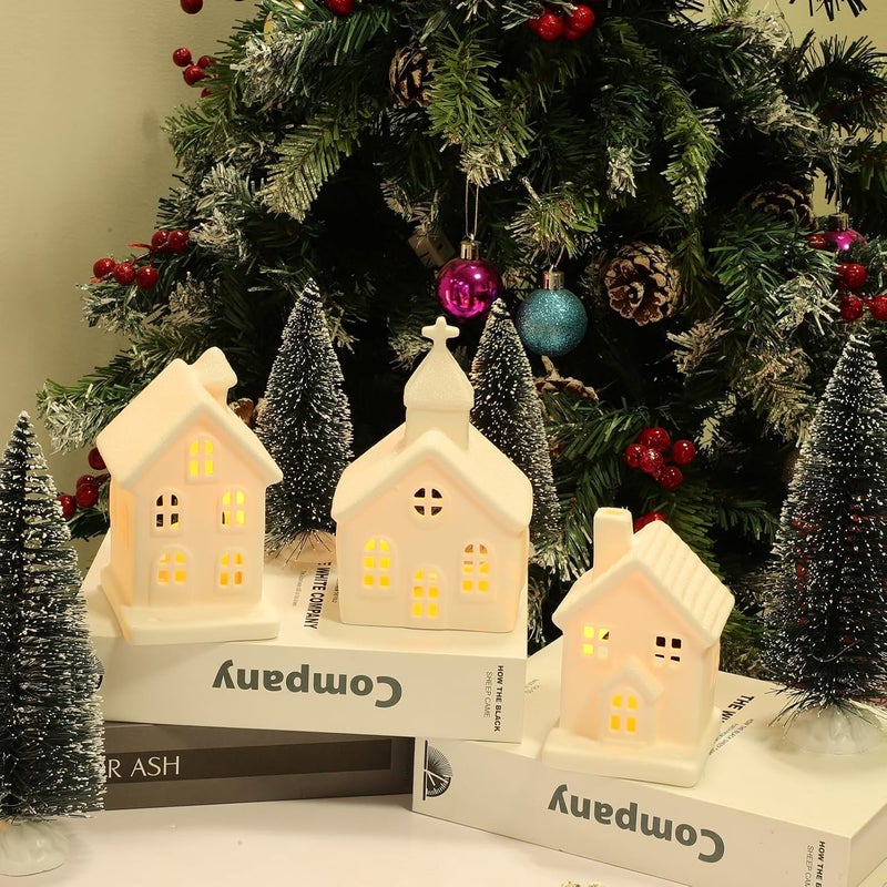 Peninpha 7PCS Christmas Village Sets - 3 LED Lighted Ceramic White Houses with 4 Decorative Christmas Trees Remote Control Led Candles for Xmas Home Tabletop Mantel Shelf Decor - Image 4