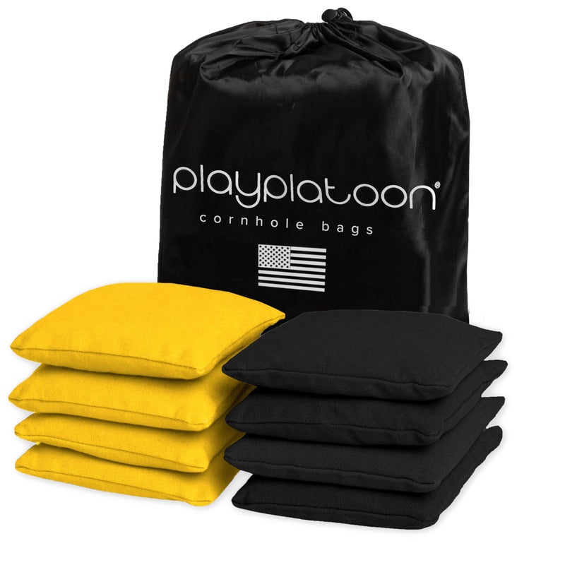 Play Platoon Weather Resistant Cornhole Bags Set of 8 Regulation Size Yellow Black Durable Duck Cloth for Tossing Game Includes Tote Bag