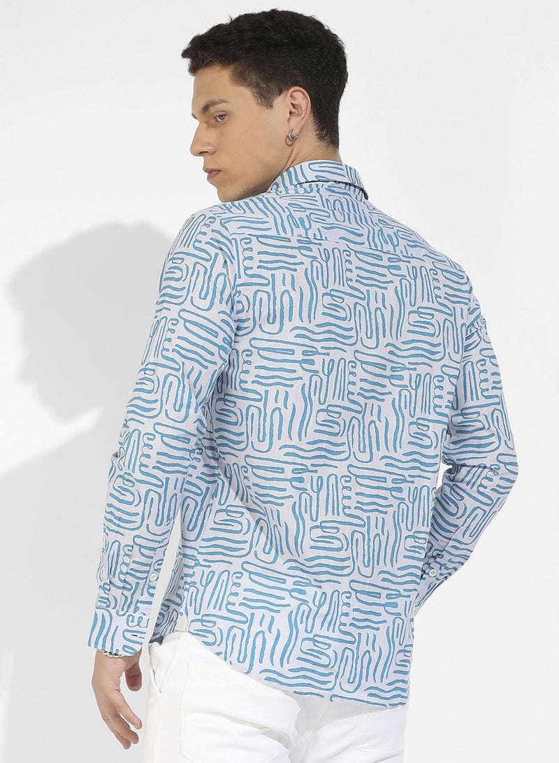 Campus Sutra Campus Sutra Men's Blue Abstract Print Shirt For Casual Wear | Spread Collar | Long Sleeve | Button Closure | Cotton Slub Shirts Crafted With Comfort Fit For Everyday Wear  - Image 5