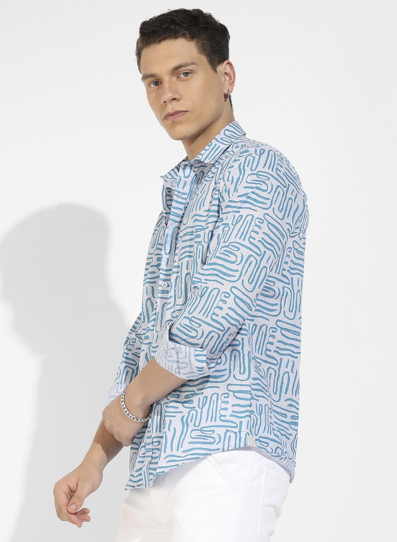 Campus Sutra Campus Sutra Men's Blue Abstract Print Shirt For Casual Wear | Spread Collar | Long Sleeve | Button Closure | Cotton Slub Shirts Crafted With Comfort Fit For Everyday Wear  - Image 3