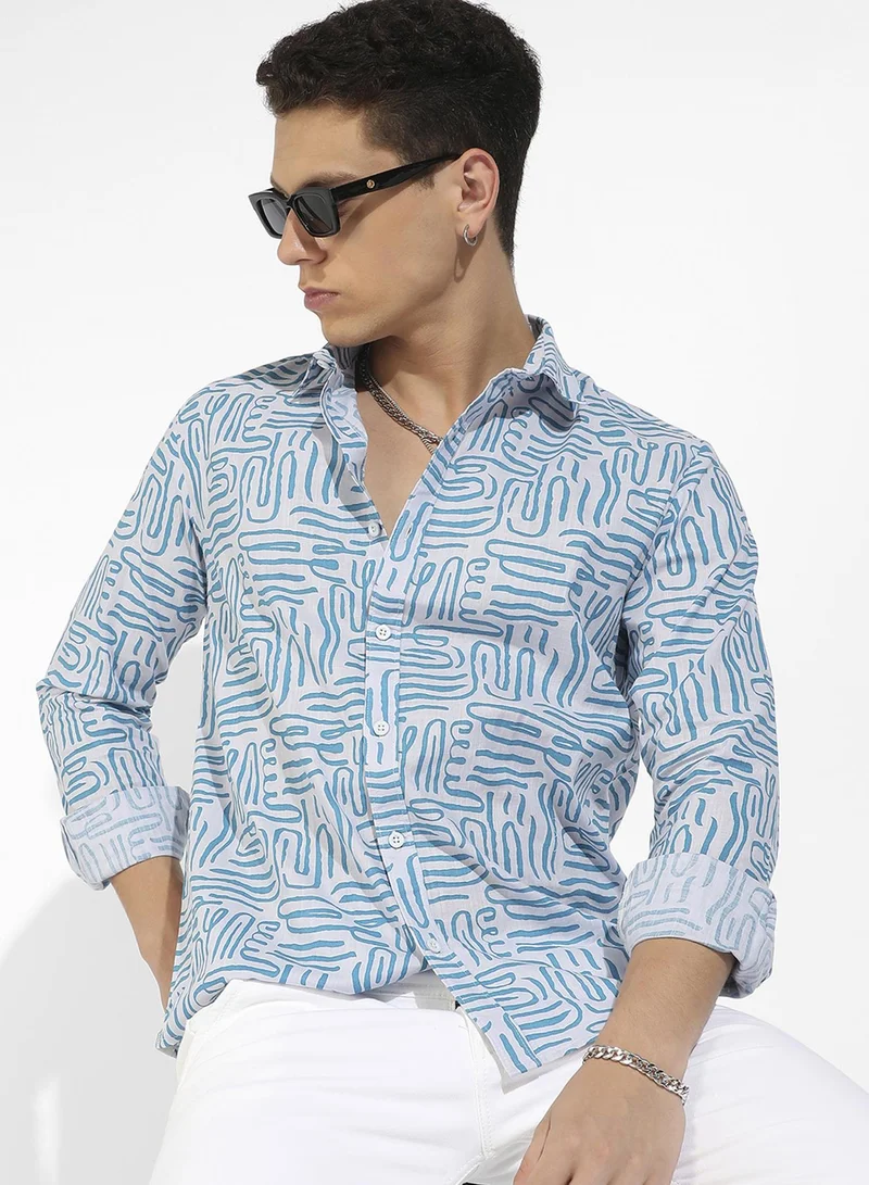 كامبوس سوترا Campus Sutra Men's Blue Abstract Print Shirt For Casual Wear | Spread Collar | Long Sleeve | Button Closure | Cotton Slub Shirts Crafted With Comfort Fit For Everyday Wear