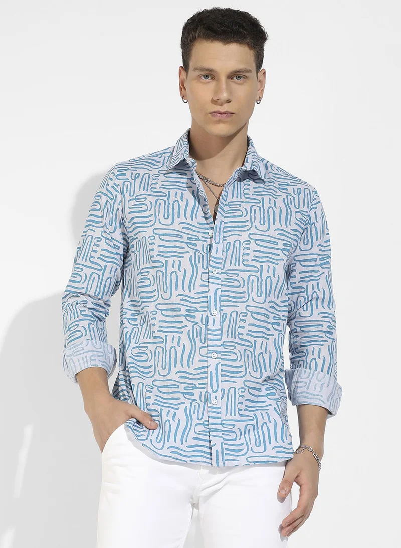 كامبوس سوترا Campus Sutra Men's Blue Abstract Print Shirt For Casual Wear | Spread Collar | Long Sleeve | Button Closure | Cotton Slub Shirts Crafted With Comfort Fit For Everyday Wear
