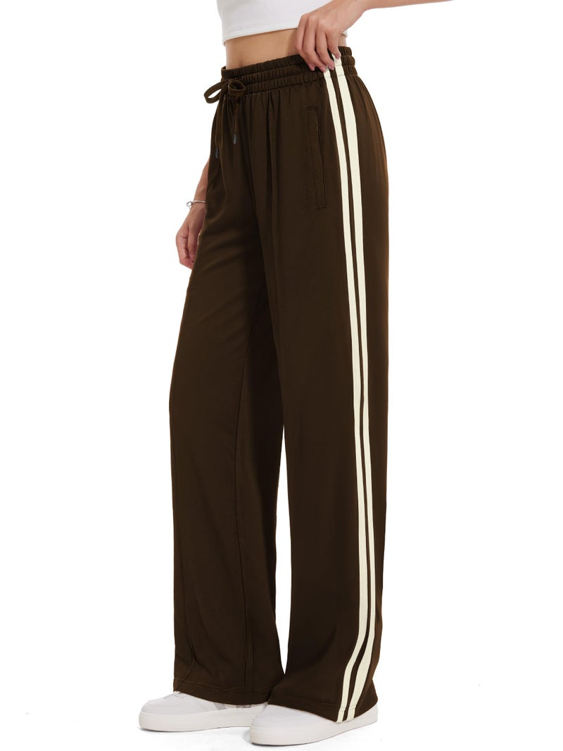 Tapata Tall Womens 34" Inseam Track Pants Relaxed Fit Striped Workout Sweatpants Baggy Trousers with Zipper Pockets, Brown, M - Image 1