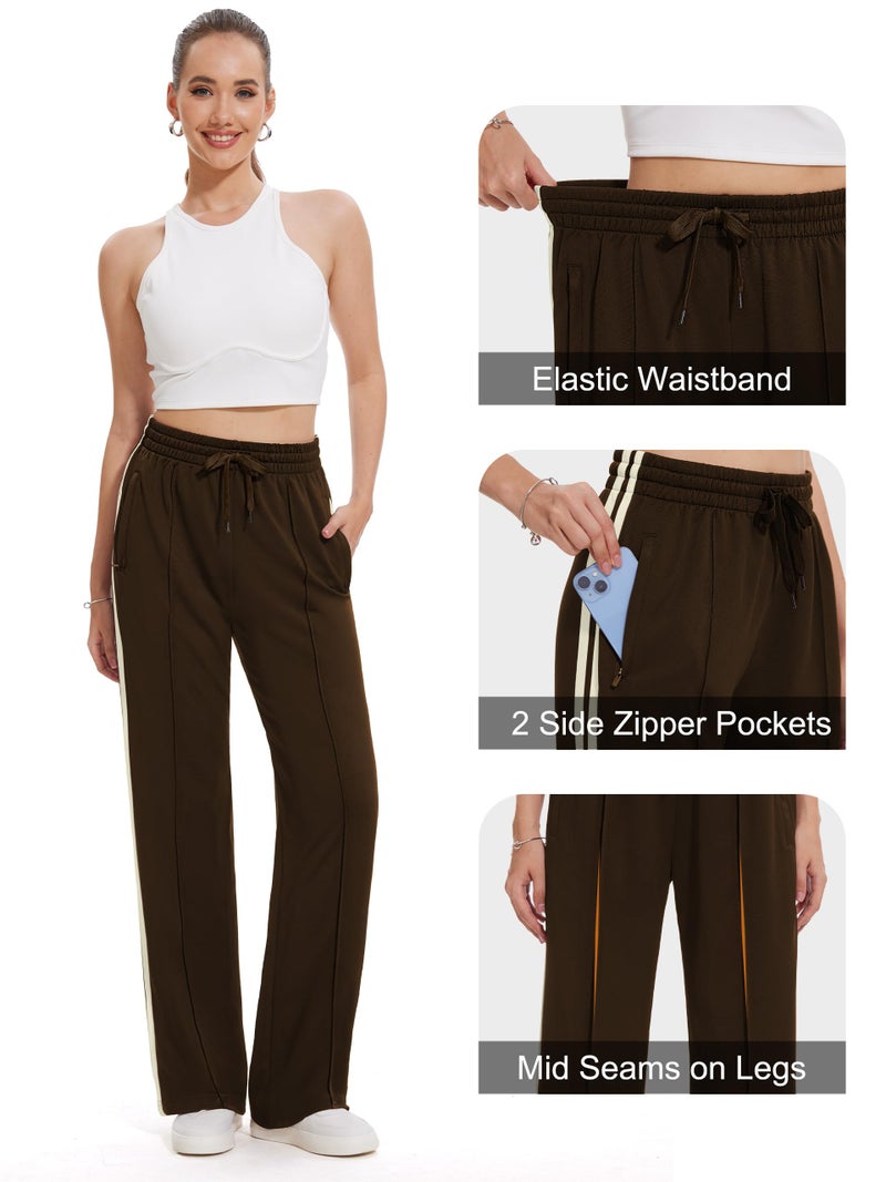 Tapata Tall Womens 34" Inseam Track Pants Relaxed Fit Striped Workout Sweatpants Baggy Trousers with Zipper Pockets, Brown, M - Image 4
