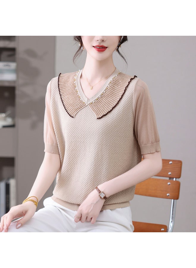 Fashion Lotus Collar Ice Silk Knitted Sweater Women's Summer Lace Stitching Short-sleeved T-shirt With Skirt Small Shirt Trendy Top 