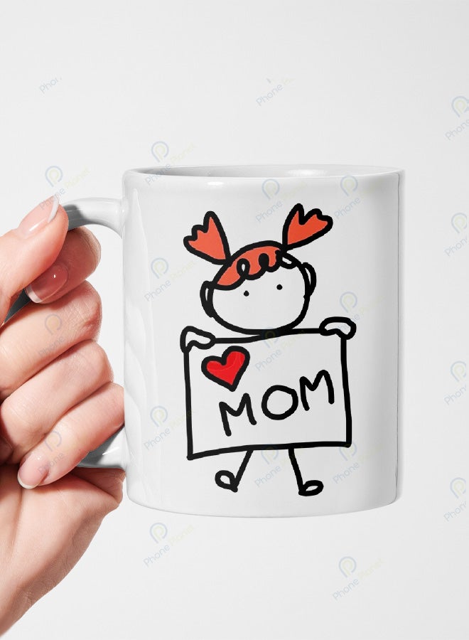 A ceramic mug printed with the word Mom and featuring a comfortable handle