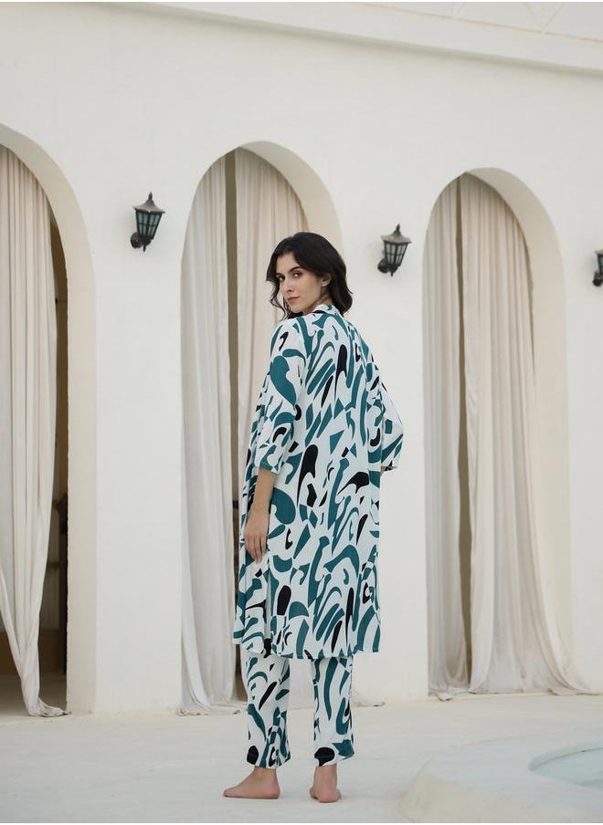 sanskrutihomes Printed Top with Robe and Pyjama Set by Styli  - Image 2