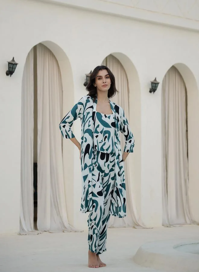 sanskrutihomes Printed Top with Robe and Pyjama Set by Styli