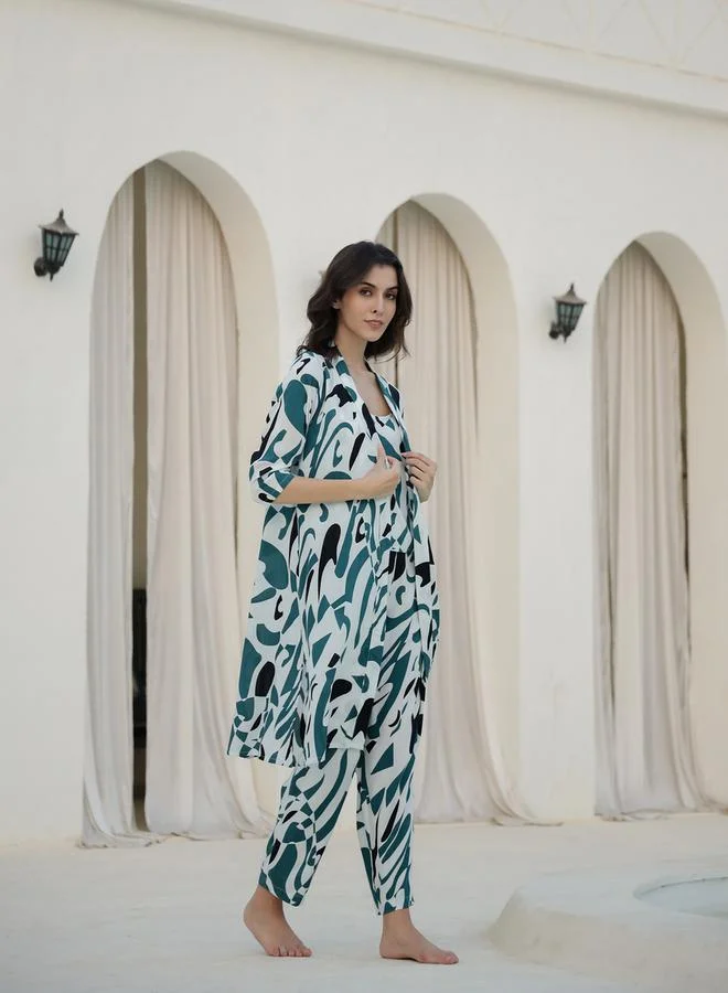 sanskrutihomes Printed Top with Robe and Pyjama Set by Styli