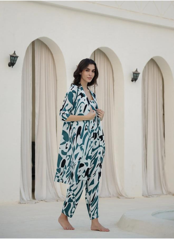 sanskrutihomes Printed Top with Robe and Pyjama Set by Styli  - Image 4