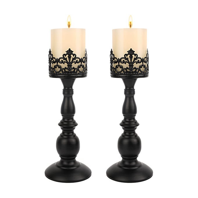 CANDLE HOLDERS FOR PILLAR CANDLES GOTHIC MATTE BLACK VINTAGE TALL CANDLE HOLDERS SET OF 2 DECORATIVE LARGE TABLE CENTERPIECES CANDLE STAND DECOR BLACK 2PCS A