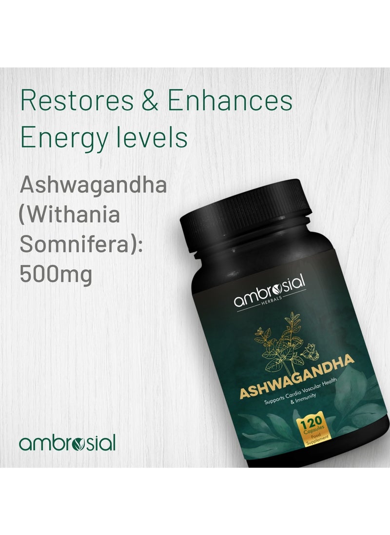 أمبروسيال - Ambrosial اشواغاندا كبسولات 500mg لكل كبسولة عالية القوة اشواغاندا الجذر مسحوق المكملات العشبية مع دعم المناعة غير المعدلة وراثيا وخالية من الغلوتين 120 كبسولة - Image 1