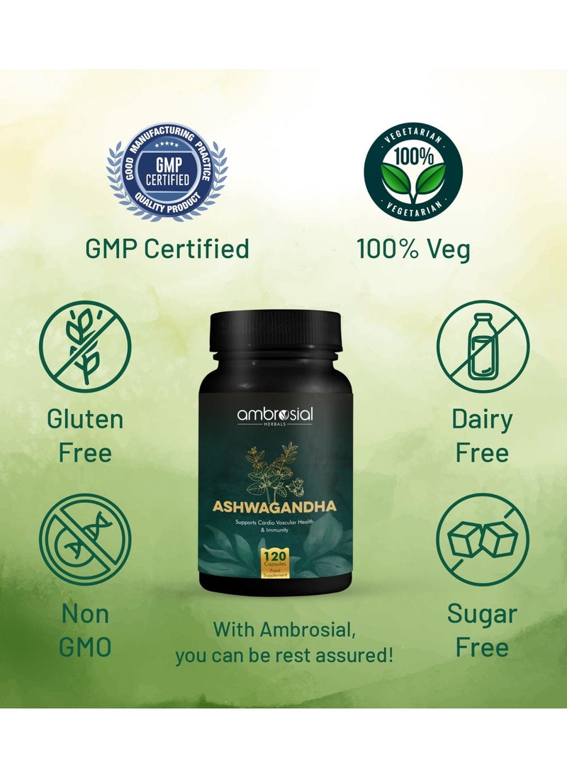 أمبروسيال - Ambrosial اشواغاندا كبسولات 500mg لكل كبسولة عالية القوة اشواغاندا الجذر مسحوق المكملات العشبية مع دعم المناعة غير المعدلة وراثيا وخالية من الغلوتين 120 كبسولة - Image 1